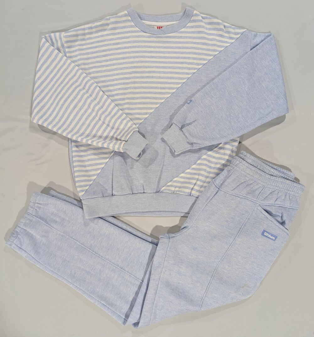 Vintage Wilson Sweatsuit Mens L Blue Striped Fleece Tracksuit Crew Neck Joggers